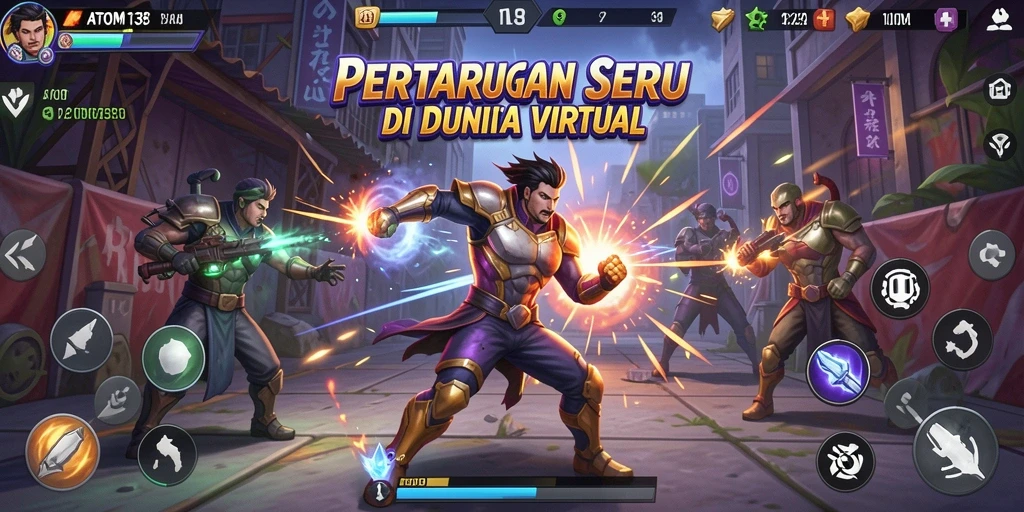 Screenshot utama ATOM138 menampilkan aksi pertarungan yang dinamis.
