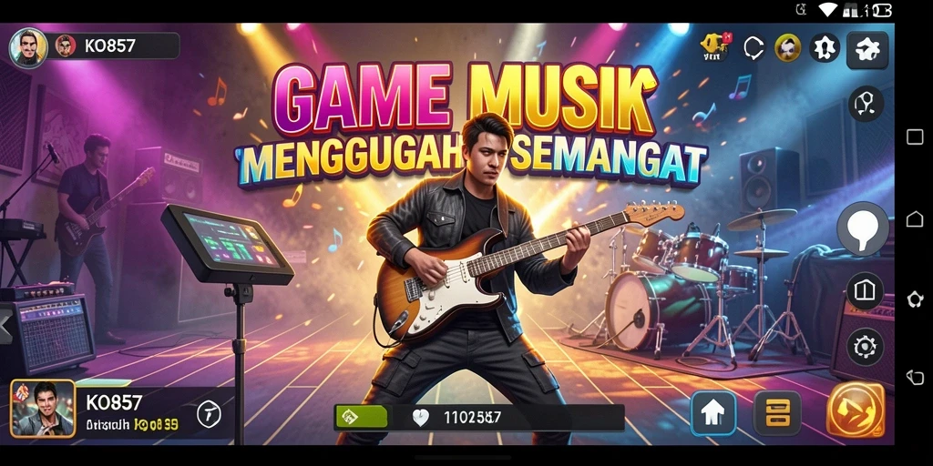 Screenshot utama KO857 menampilkan gameplay seru dengan alat musik virtual.